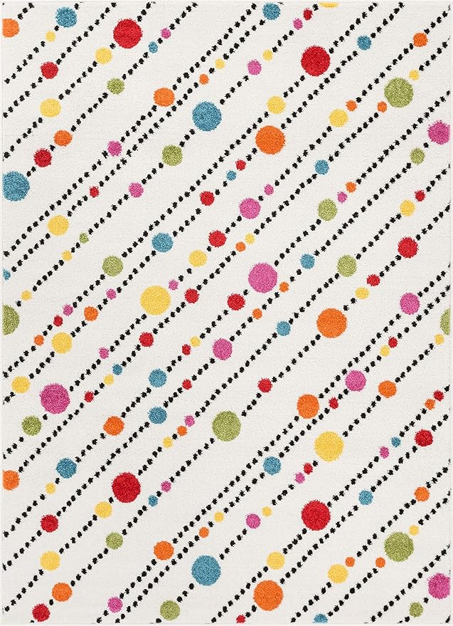 Well Woven Modern Rug Dandy Dots Stripes Ivory 5' x 7'Accent Area Rug Entryway Bright Kids Room Kitchn Bedroom Carpet Bathroom Soft Durable Area Rug