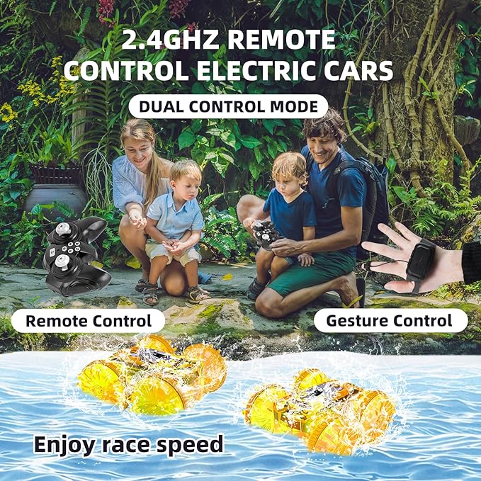 Amphibious Remote Control Car,RC Cars Toys for Kids Ages 6-12,Double-Sided Driving 360° Flips Rotating Car Toy RC Gesture Stunt Boat with LED Lights,Water Beach Pool Toys for Boys Girls (Orange)