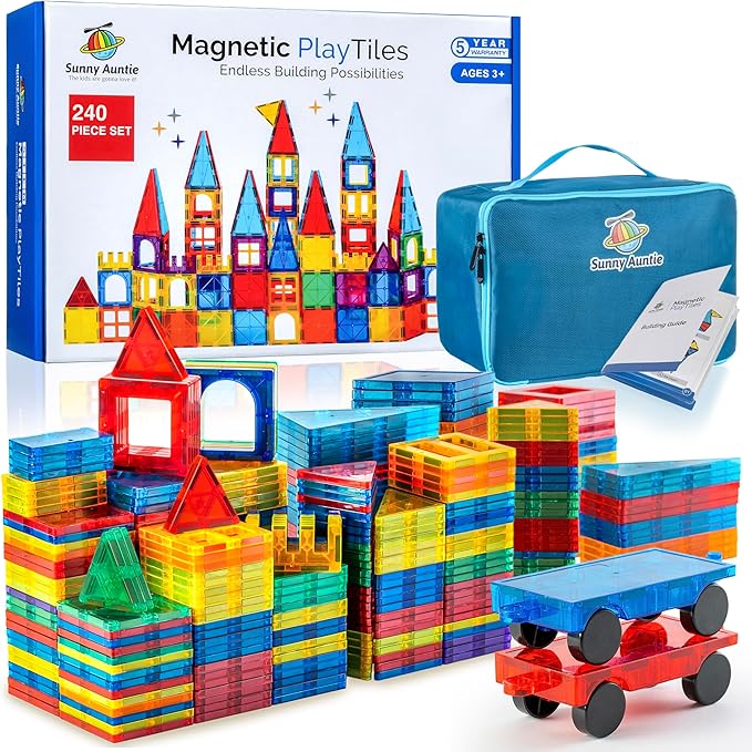 Magnetic Tiles 240 PCS+ Bonus Zippered CASE, Magnetic Tiles for Kids Toy for 3 4 5 6 7 8 Year Old Boys & Girls, Great Gift for Kids Aged 3-8, XL Set