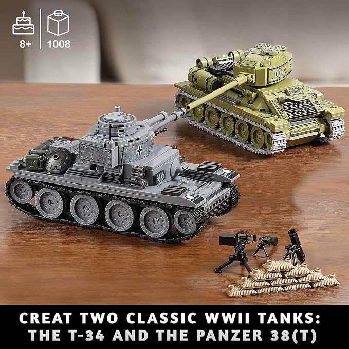 WW2 Army Tanks Toy Building Kit Compatible with Lego, Create a Soviet T-34 Tank & a German Panzer 38(t) Tank, Great Military Model Toys Gift for Boys, Kids, and Teens Age 8+ (1008 Pieces)