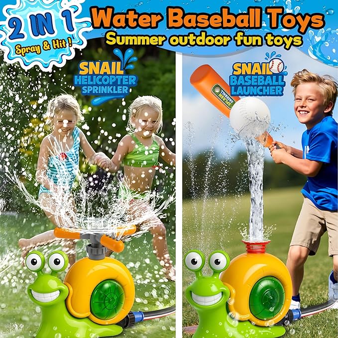 Water Sprinkler Baseball Toy for Kids Outdoor Play, 2 in 1 Snail Sprinkler with Bat and Balls, Backyard Lawn Pool Summer Game for Boys Girls Ages 4-8