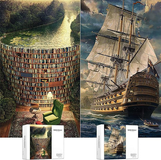 Jigsaw Puzzles 2 Pack 1000 Pieces - WISHDIAM Puzzles for Adults - Bookshelf Canal Adventure Vessel Impossible Difficult Challenging Funny Puzzles for Home Decor Birthday Party Gifts Toy for Men Women