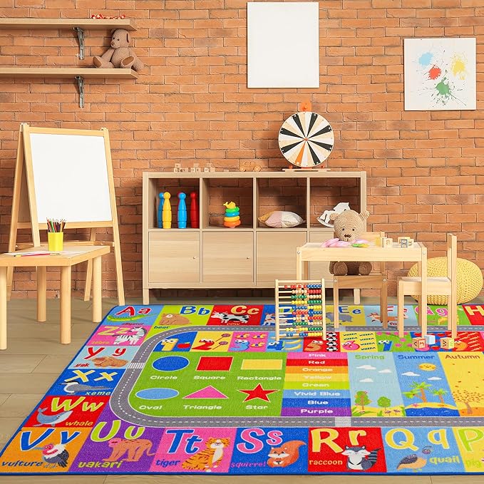 Kids Rug for Playroom Classroom, ABC Alphabet Numbers Play Toddlers Rugs, 4x6 Learning Educational Bedroom Floor Mat, Washable Baby Carpet for Boys Room, Nursery, Preschool, Daycare