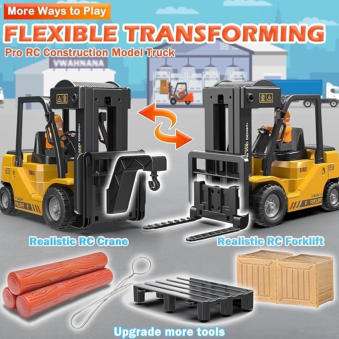 RC Forklift Truck, 2 in 1 Transform Lift Fork & Hook, Kids Forklift Toy, 11 Channel Remote Control Forklift for Adults, 2 Battery, Spray, Light, RC Construction Vehicles Toy Gift for Kids 6+