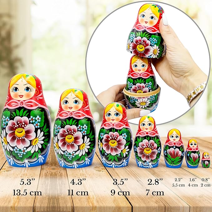 AEVVV Russian Nesting Dolls Set 7 pcs - Russian Nesting Babushka Dolls with Flowers - Handmade Matryoshka Doll with Rose Flowers Home Decor - Munecas Rusas