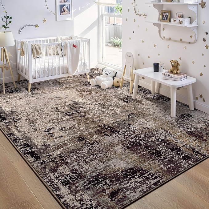 Ompaa Living Room Rug 6x9 Brown Area Rug Machine Washable Boho Coffee Rug Non Slip Abstract Vintage Indoor Large Rugs for Bedroom, Classroom, College Dorm, Farmhouse, Dining Room, Kids Playroom
