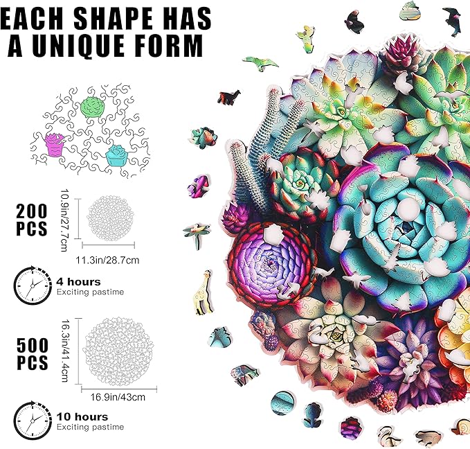 Unique Wooden Jigsaw Puzzles - Mandala Succulent Plants, 500 Pcs King Size 16.9'' x 16.3'', Luxurious Shaped Wood Puzzle, Beautiful Package, Best Gift for Adults and Kids, Family Game