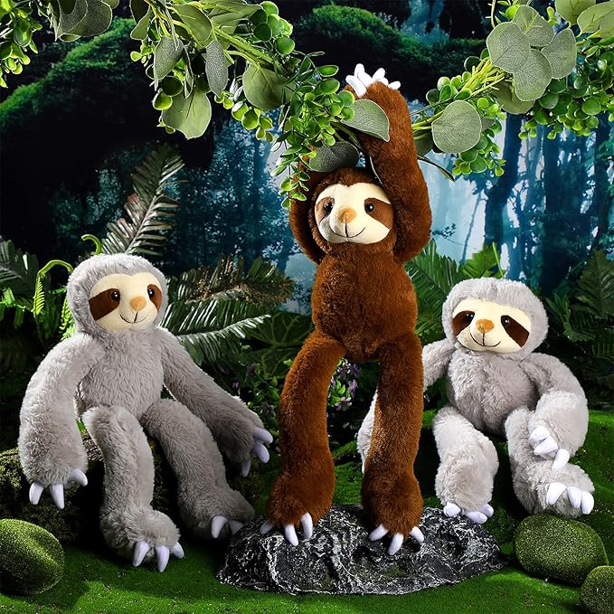 8 Pcs Hanging Sloth Stuffed Animal 18 Inch Three Toed Sloth Plush Toy with Hook and Loop Hands Hanging Sloth Toy for Boy Girl (Dark Brown, Gray)