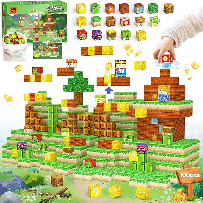 Magnetic Blocks Toys, 100PCS Magnetic Building Toys Based on The Game Super Plumber, STEM Magnets Sensory Toys for Kids, Magnetic Building Blocks Suitable for Boys Girls 4+ (Green)