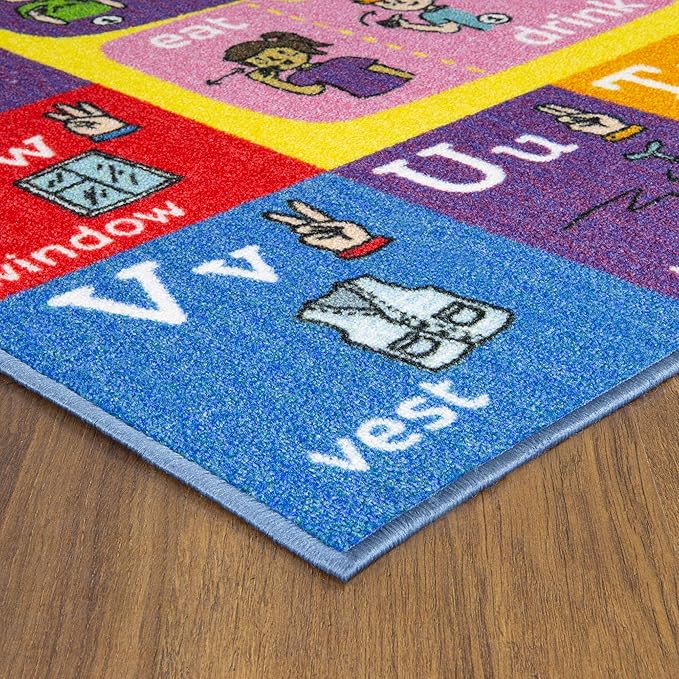 KC Cubs ABC Alphabet ASL Sign Language Educational Learning & Fun Game Play Area Non Slip Boy & Girl Kids Rug Carpet for Children Bedroom, Toddler Classroom & Baby Playroom Mat, 3' 3" x 4' 11"