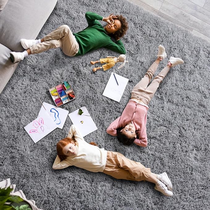 Super Fluffy 8x10 Rugs for Living Room, Modern Shag Grey Area Rugs, Soft and Cozy Plush Large Under Bed Carpet for Kids, Girls Boys and Teens Decorations for Bedroom Dorm Nursery Classroom