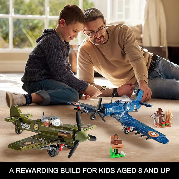 WW2 Military Plane Building Sets Compatible with Lego, Create US F4U & UK Spitfire Fighter Jet Models Toys, Great Army Airplane Aircraft Gifts for Boys Kids