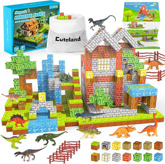 Magnetic Blocks 216Pcs Magnetic Building Blocks Toys for Boys 6-8 with 12 Dinosaur Toys, Magnetic Toys for Boys & Girls Ages 6-7 8-10