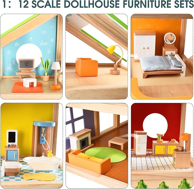 All Seasons Kids Wooden Dollhouse by Hape | Award Winning 3 Story Dolls House Toy with Furniture, Accessories, Movable Stairs and Reversible Season Theme L: 23.6, W: 11.8, H: 28.9 inch