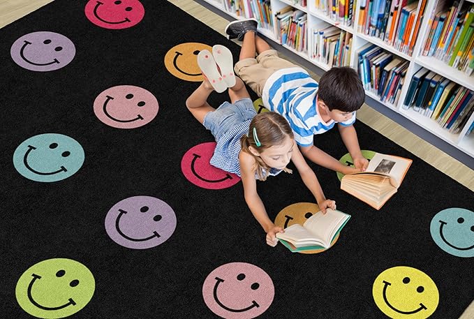 Flagship Carpets Schoolgirl Style Rainbow Smileys in Black Criss-Cross Applesauce Educational Area Rug for Kids Room, Children's Classroom for Teaching and Playroom, 5' x 7'6", Black & Multi, Seats 20
