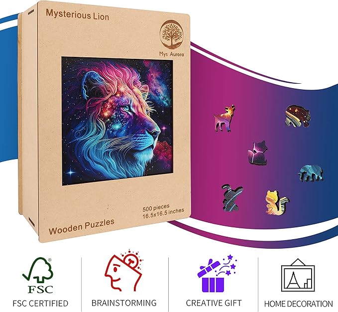 Unique Wooden Jigsaw Puzzles - Starry Lion, 200 Pcs Medium Size 11.2'' x 11.2'', Luxurious Animal Shaped Wood Puzzle, Beautiful Package, Best Gift for Adults
