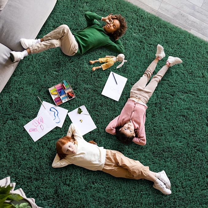 Super Fluffy 9x12 Rugs for Living Room, Modern Shag Dark Green Area Rugs, Soft and Cozy Plush Large Under Bed Carpet for Kids, Girls Boys and Teens Decorations for Bedroom Nursery Classroom