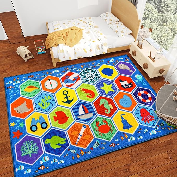 Kid Rug Ocean Sea Play Mat, 59"×39.4" Educational Baby Playmat for Playroom Primary School Nylon Surface Non-Slip Latex Backing Preschool Rugs for Classroom Learning Area