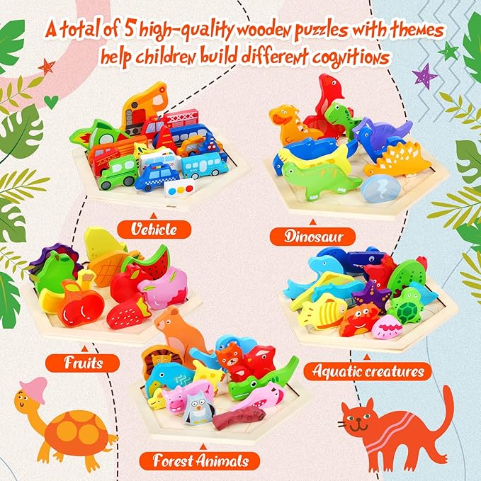 5 Pack Wooden Tangram Puzzle for Kids Wooden Hexagon Puzzle Block Teaser Geometric Shapes Tangram Games for Jigsaw 3D Logic IQ Game Gift(Cute)