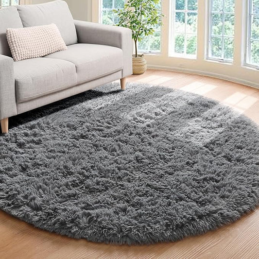 ONASAR Grey Round Area Rug 4ft, Gray Soft Bedroom Circle Throw Rugs for Kids Girls Boys Teen Dorm Room, Fluffy Plush Shaggy Carpet Mats for Nursery Living Room Playroom Home Office Decor Aesthetic