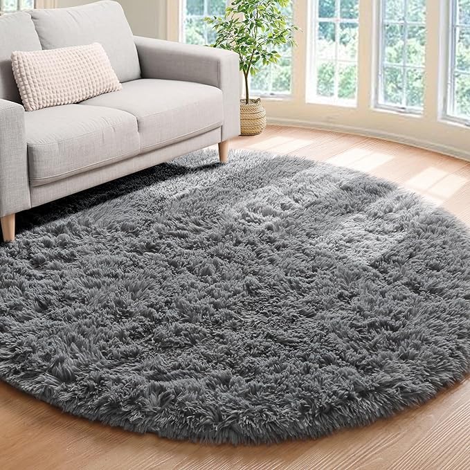 ONASAR Grey Round Area Rugs 5ft, Gray Soft Bedroom Circle Rug Floor Mats for Kids Girls Teen Room, Fluffy Plush Shaggy Carpet for Baby Nursery Living Room Playroom Home Decor Aesthetic