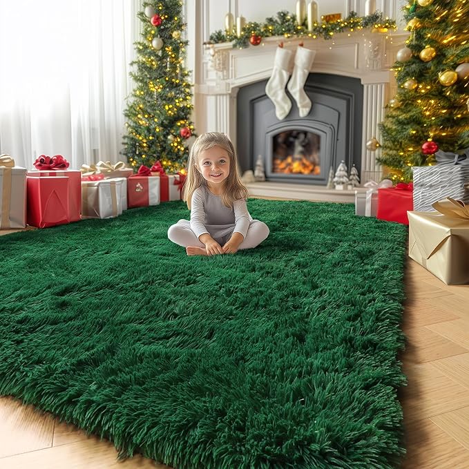 Amdrebio Dark Green Area Rugs for Bedroom Aesthetic, Fluffy Rug for Living Room, Soft Bedside Rugs 4x6 for Kids Room, Teen, Women, Shaggy Throw Rug for Dorm Classroom Office Nursery, Deep Green Carpet