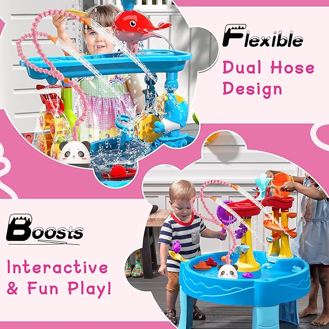 Panda Outdoor Water Table Play Pump -Dual Hose Design -Toddler Outdoor Toys, Safety First Kids Toddler Water Table Pump for Water Play Table Outside Fun & Creativity-with Panda Story Picture Book