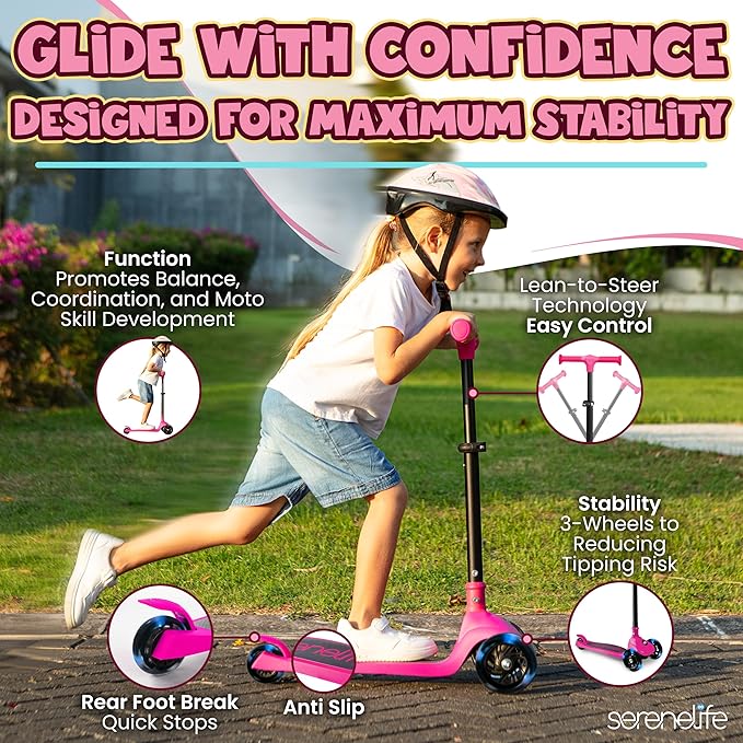 SereneLife 3 Wheel Foldable Kids Scooter - Foldable Seat, LED Wheel Lights, Adjustable Handlebar, Rear Foot Brake, Lean-to-Steer, Anti-Slip Deck, Ideal for Toddlers Kids 3+, up to 110Lbs