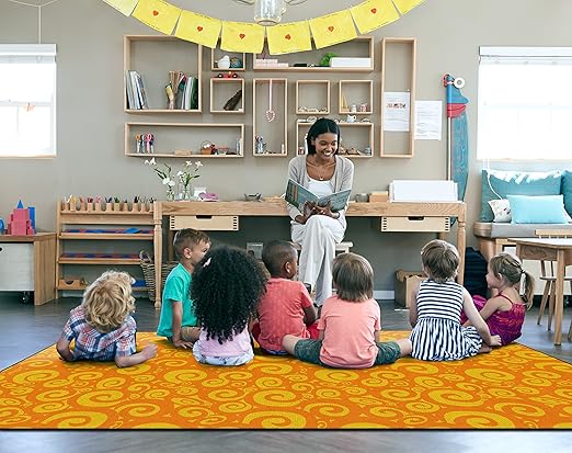 Flagship Carpets Swirl Tone on Tone Carpet for Children's Classroom and Bedroom Area Rug, Playroom or Teaching Area for Playtime and Reading, 7'6" x 12', Orange