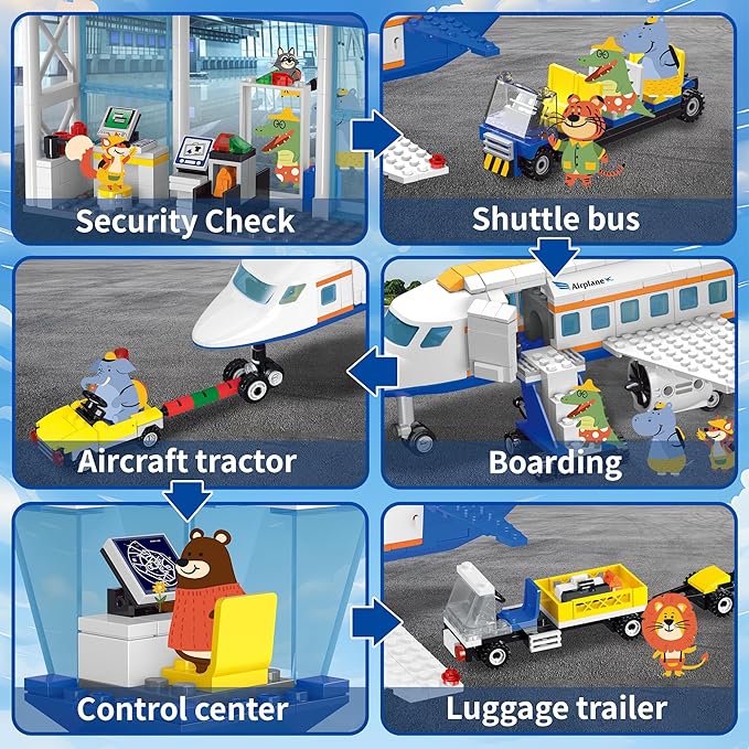 Airplane Set Building Toys with LED Light, 3 IN 1 Plane City Passenger Building Blocks with Airport Terminal, Luggage Trailer, Aircraft, Airplane Toy Sets for Kids, Boys, Girls Age 6-12, Birthday Gift