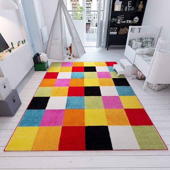 Modern Squares Multi Geometric Area Rug (7'10" x 10'6") Abstract Checkerborad Boxes Bright Living Kid RoomPlayroom Nursery Bedroom Carpet Soft Durable Stain Fade Resistant Shed Free Easy Clean