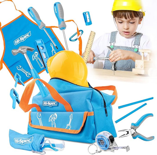 Hi-Spec 18pc Blue Kids Tool Kit Set & Child Size Tool Bag. Real Metal Hand Tools for DIY Building, Woodwork & Construction