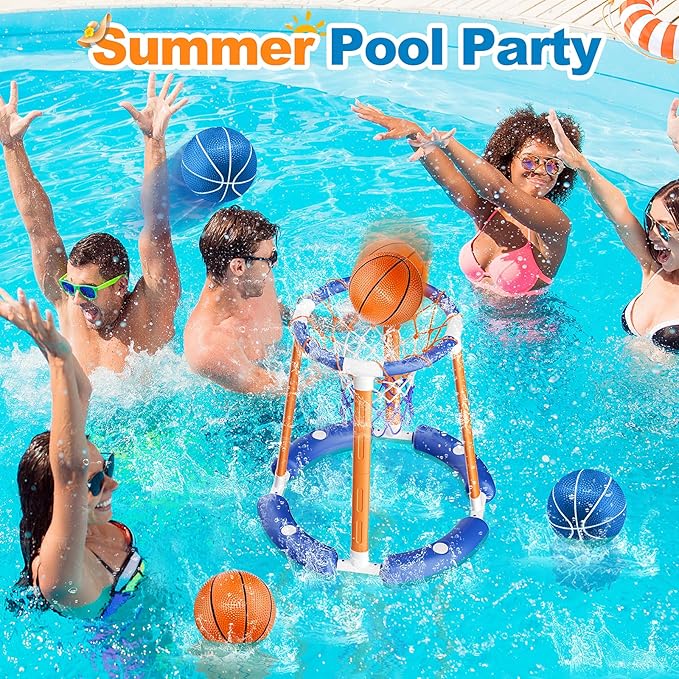 Pool Basketball Hoop Poolside, Floating Pool Toys with 4 Basketballs/1 Pump, Swimming Pool Games for Kids Adults, Water Basketball for Pool Basketball Games for Outdoor Indoor Play