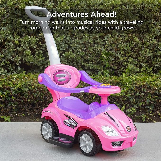 Best Choice Products Kids 3-in-1 Push and Pedal Car Toddler Ride On w/Handle, Horn, Music - Pink