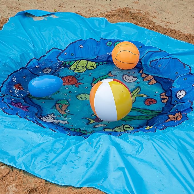 RunNico 6.6 x 6.6 Ft Portable Baby Beach Pool, Waterproof Beach Pool Blanket for Toddler with Water Bag, Collapsible Beach Puddle Mat for Boys Girls Kids Infant Outdoor Summer Vacation