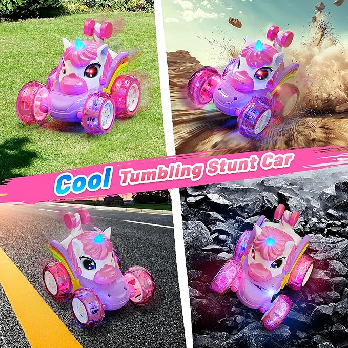 Carsky Remote Control Car RC Stunt Cars for Girl 360°Stunt Rotation 4WD Remote Cars for Kids 3-6 Double Sided RC Car with LED Lights,2.4GHz Electric Toy Car,Birthday Gift for 3 4 5 6 Year Old Girl