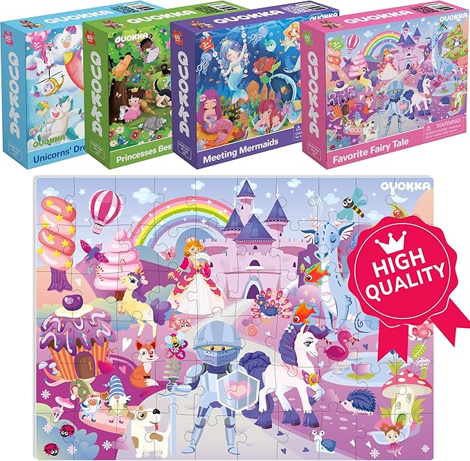 QUOKKA Puzzles for Kids Ages 4-6 - Set of 4x60 Jigsaw Puzzles for Toddlers 3-5 - Unicorn Princess Animals Toys for Children 6-8 yo - Gift Educational Game for Boys & Girls