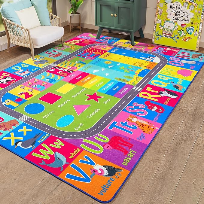 HOMORE Kids Educational Rug, Kids Collection Area Rug for Learning Alphabet, Numbers, Colors, Season and Animal Words, Playmat for Classroom Playroom, 4x6 Feet