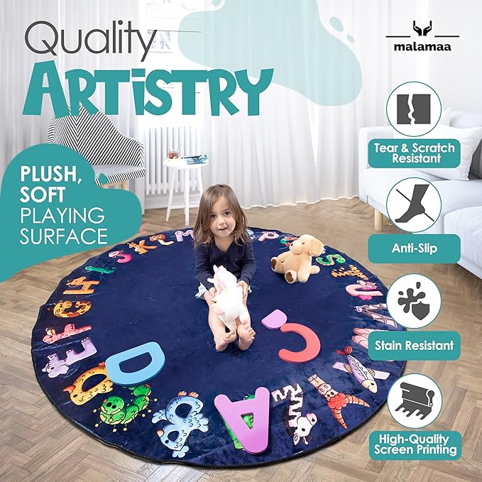 ABC Kids XL 6 ft Alphabet Rug - Nursery & Classroom - Circle Blue