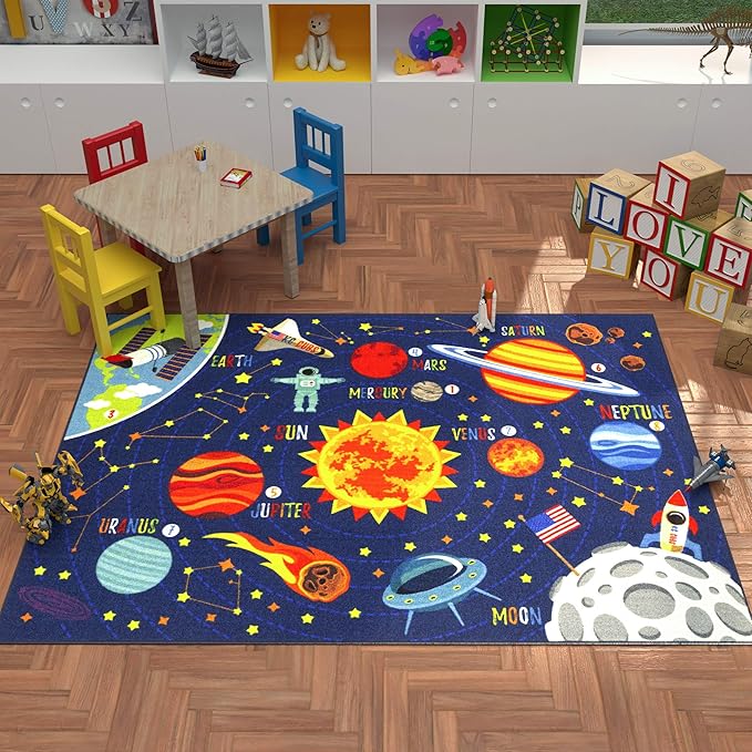 KC Cubs Playtime Collection Space Safari Road Map Educational Learning & Game Area Rug Carpet for Kids and Children Bedrooms and Playroom (3' 3" x 4' 7")