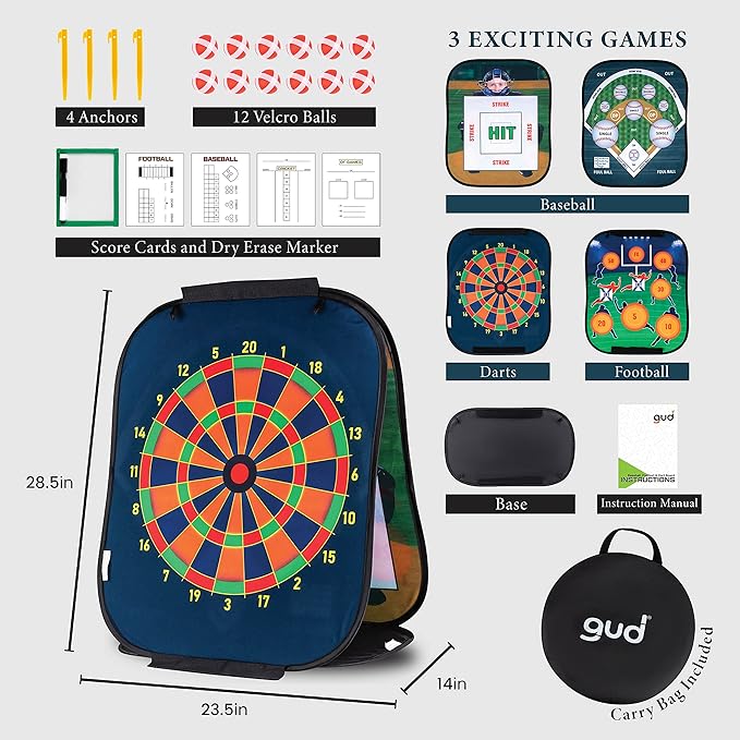 GUD Dart Board, Football & Baseball Games, Kids Birthday Party Dartboard, 12 Safe Darts, Boys & Girls Sports Party Supplies. Indoor Outdoor Party Age 7 8 9 10 11
