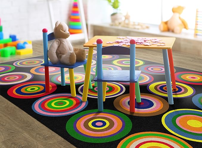 Flagship Carpets Color Rings Colorful Children's Area Rug for Kids Room Circle Seating Décor, Play Carpet for Teaching and Playing, Seats 24, 7'6" x 12', Black
