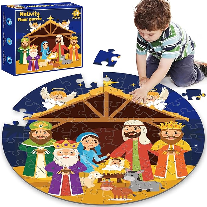 Nativity Scene Floor Puzzles for Kids Age 4-8, 70pcs Large Christmas Nativity Jigsaw Puzzles Educational Kids Puzzles Ages 3-6 for Kids Boys Girls