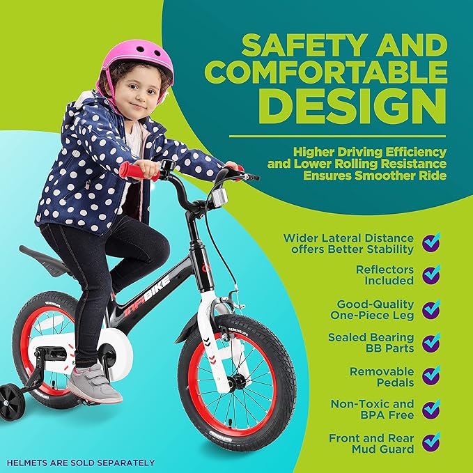 SereneLife Kids Bike with Training Wheels - Toddlers Bicycle w/Adjustable Seat Height, Alloy Steel Frame, Dual Brake System, Full Chain Guard, Reflector, Bell, Kickstand