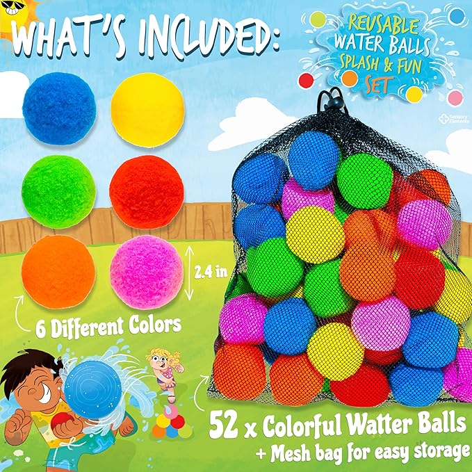 Reusable Water Balls Splash & Fun Set- 52 Colorful Cotton Splash Balls for Kids - Perfect for Outdoor Summer Fun, Pool Games, Water Play, Backyard Play, Perfect Water Toy Gift for Kids - Ages 5-12+