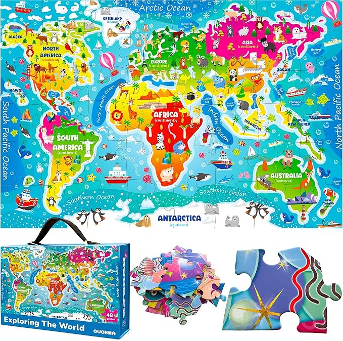 QUOKKA Giant Floor Puzzle for Kids Ages 4-6 – 2x3 Feet Extra-Thick 48 Pieces Toddler Puzzle Ages 3-5 – World Map Educational Activity for Boys Girls – Premium Box with Sturdy Handle & Magnetic Closure
