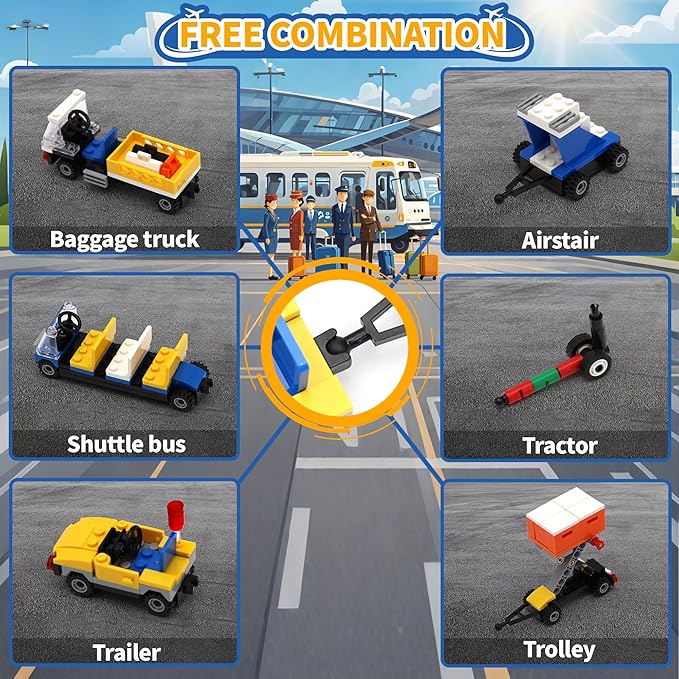 Airplane Set Building Toys with LED Light, 3 IN 1 Plane City Passenger Building Blocks with Airport Terminal, Luggage Trailer, Aircraft, Airplane Toy Sets for Kids, Boys, Girls Age 6-12, Birthday Gift