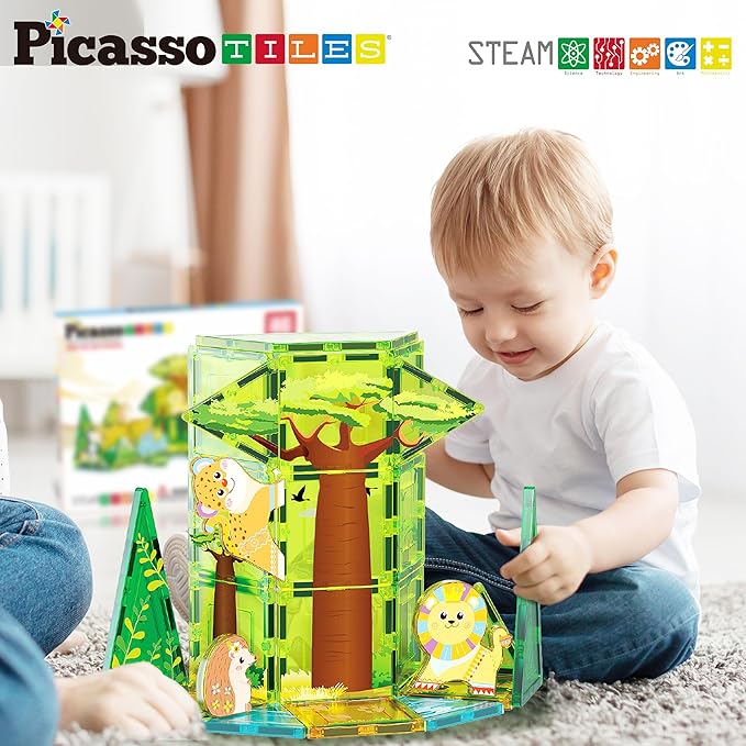 PicassoTiles Magnet Tile Building Block Safari Themed Set with 8 Compatible Magnetized Animal Action Figures Build Blocks Toddler Creativity Toys STEAM Educational Learning Skills Ages 3+ PTQ12