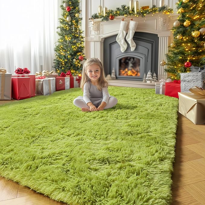 Amdrebio Grass Green Rugs for Living Room Bedroom Decor Aesthetic, 9x12 Large Fluffy Shag Area Rug for Kids Room Baby Nursery Teen Girls Boys, Cool Fuzzy Plush Cute Moss Carpet for Classroom Playroom
