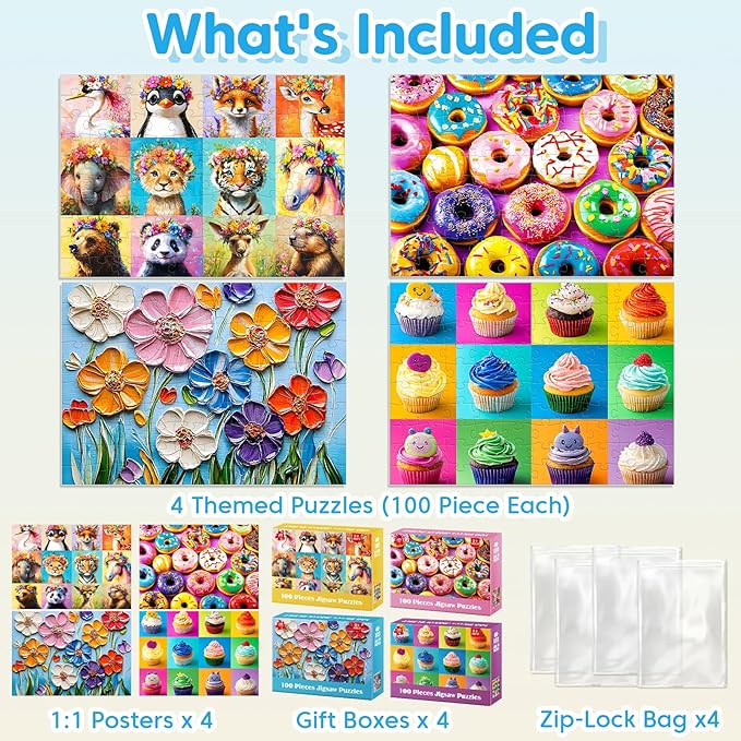 100 Piece Animal Portraits and Donuts Puzzles for Kids Ages 4-10 - Large Educational Jigsaw Puzzles for Seniors - 4-Pack